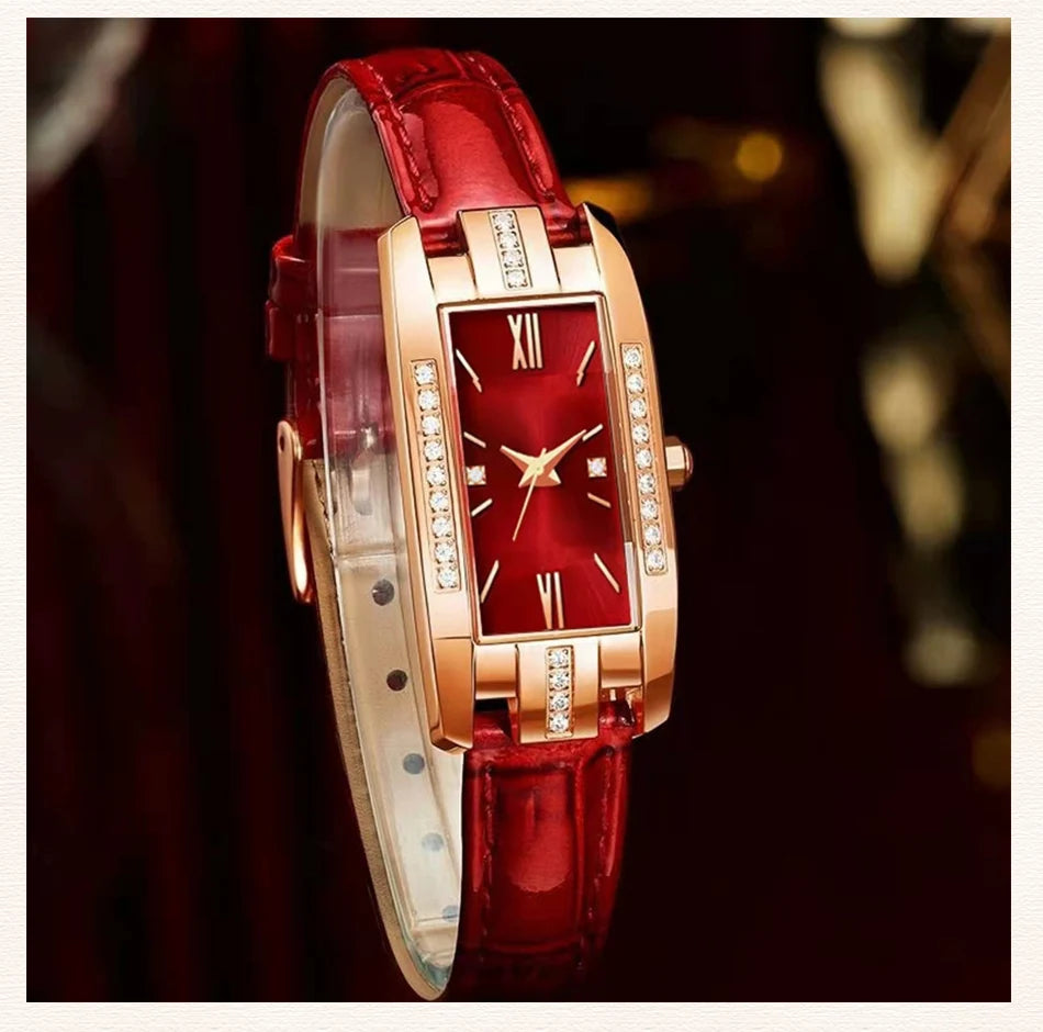 Montre Femme Élégante – Cadran Carré Vert & Bracelet en Cuir