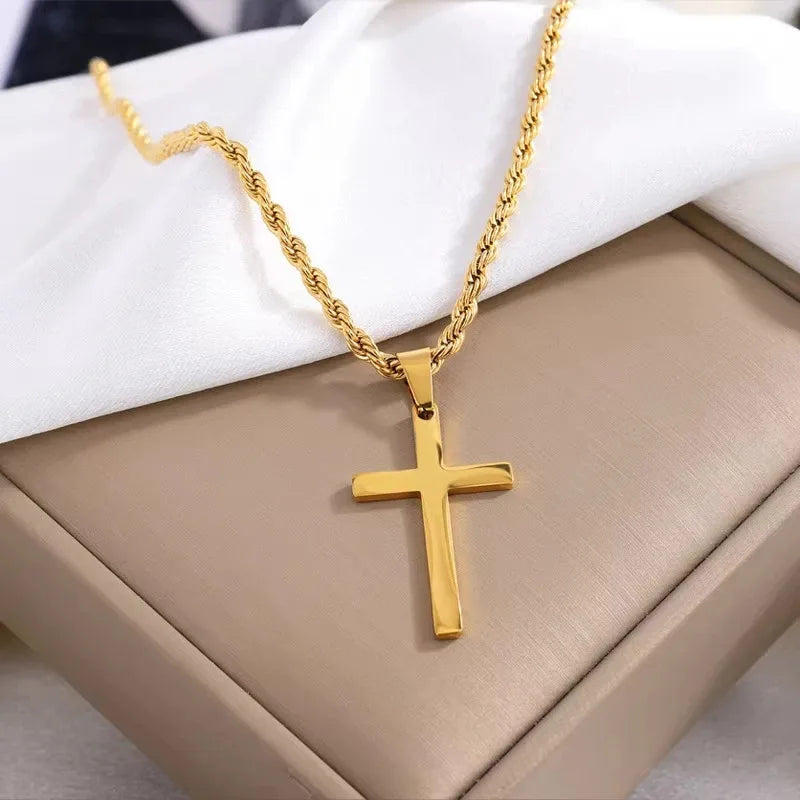 Collier Croix Minimaliste en Acier Inoxydable – Finition Dorée Unisexe