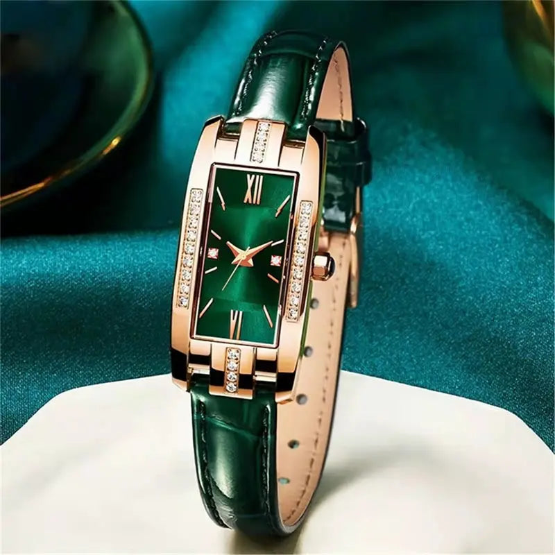 Montre Femme Élégante – Cadran Carré Vert & Bracelet en Cuir