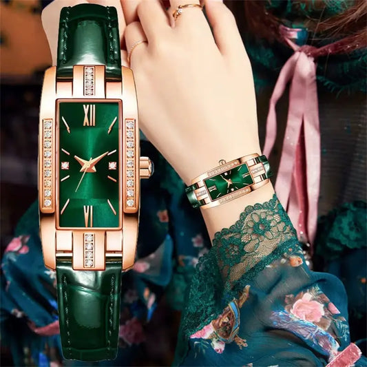 Montre Femme Élégante – Cadran Carré Vert & Bracelet en Cuir