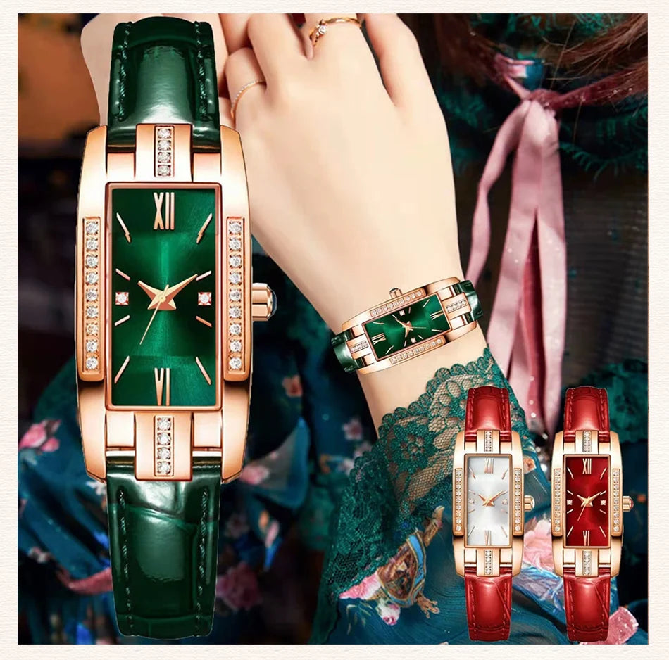 Montre Femme Élégante – Cadran Carré Vert & Bracelet en Cuir