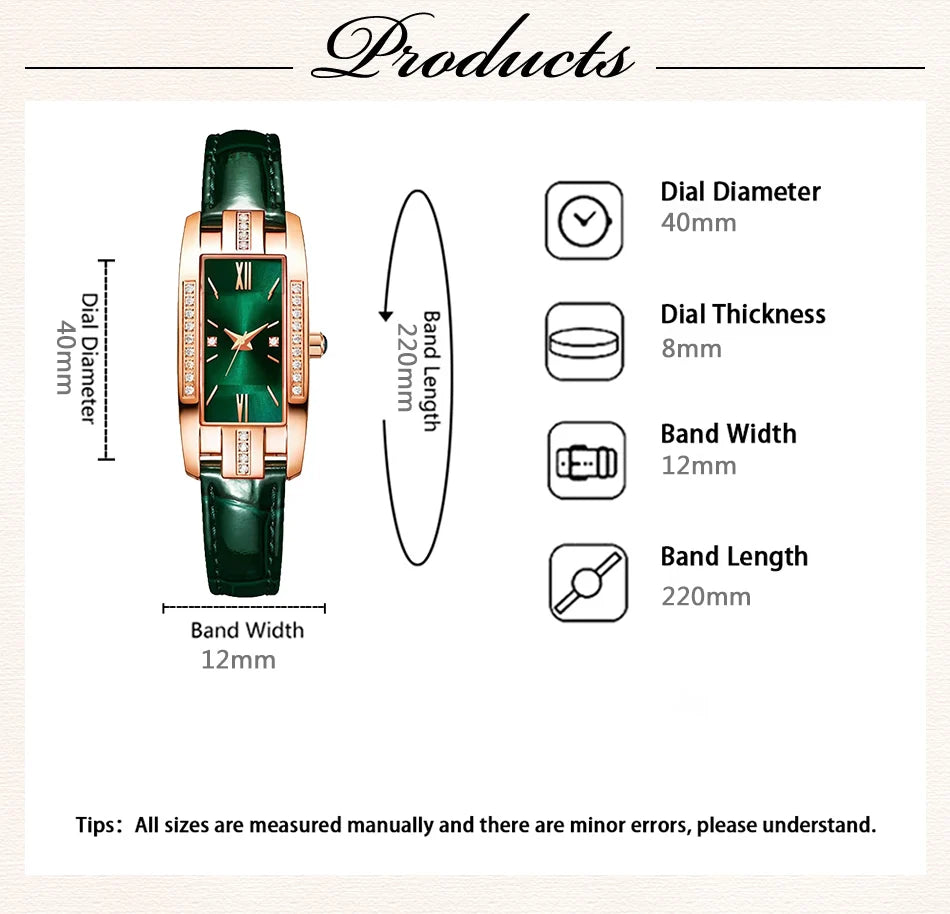 Montre Femme Élégante – Cadran Carré Vert & Bracelet en Cuir