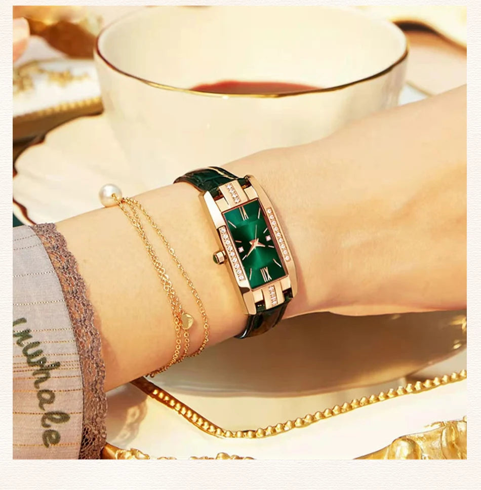 Montre Femme Élégante – Cadran Carré Vert & Bracelet en Cuir