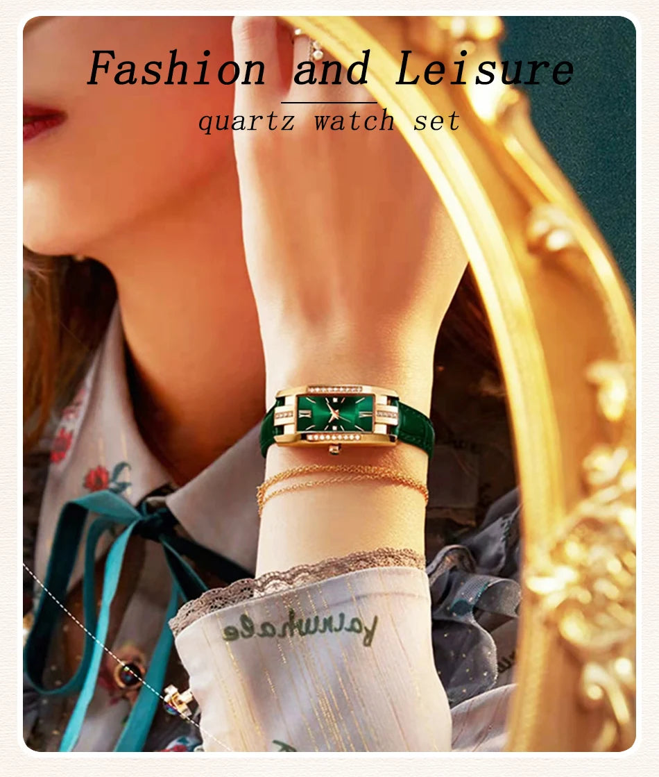 Montre Femme Élégante – Cadran Carré Vert & Bracelet en Cuir
