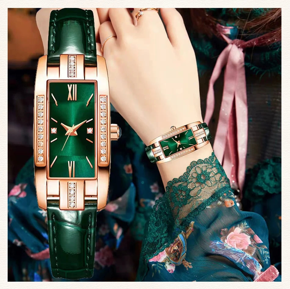 Montre Femme Élégante – Cadran Carré Vert & Bracelet en Cuir