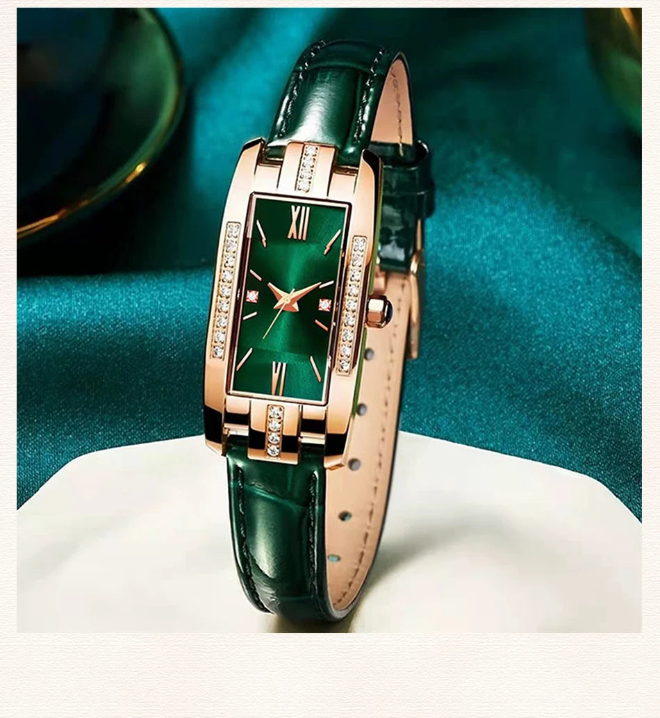 Montre Femme Élégante – Cadran Carré Vert & Bracelet en Cuir