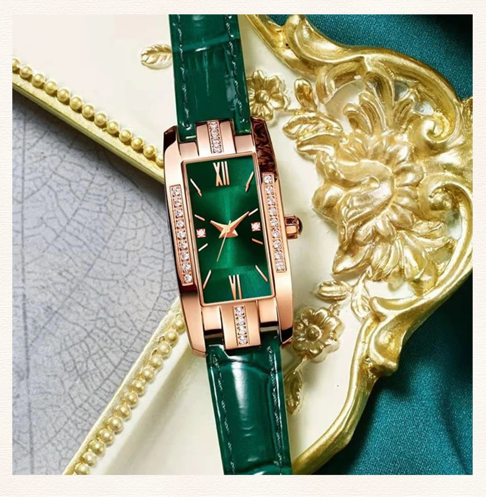 Montre Femme Élégante – Cadran Carré Vert & Bracelet en Cuir