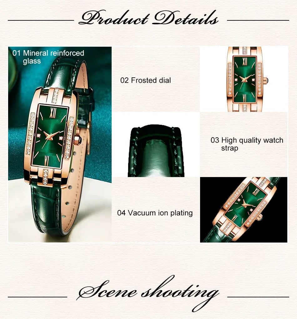 Montre Femme Élégante – Cadran Carré Vert & Bracelet en Cuir