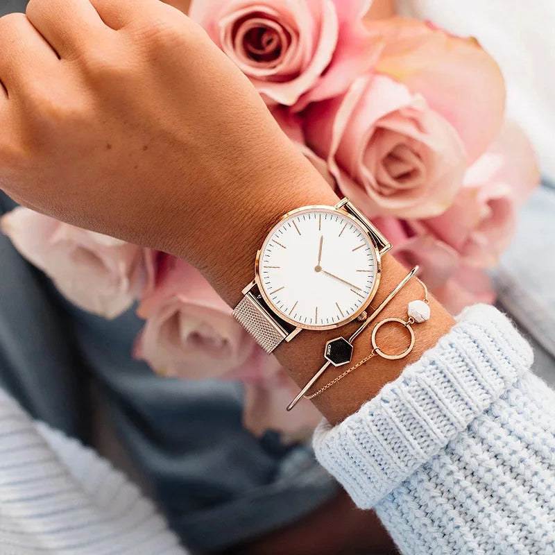 Montre Femme Luxe Or Rose avec Bracelet – Quartz Élégante